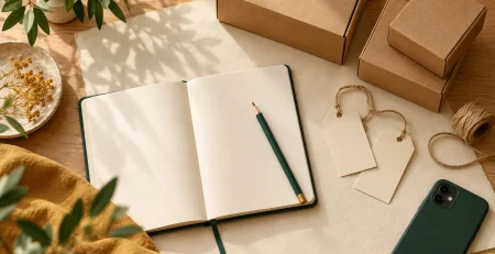 Blank labels, a notebook and packing materials arranged for planning a reseller brand