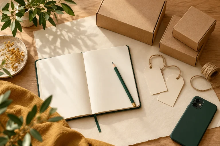Blank labels, a notebook and packing materials arranged for planning a reseller brand