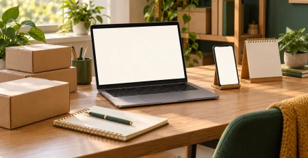 Laptop, phone, notebook and plain parcels illustrating different resale channels