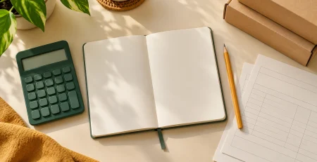 Calculator, notebook and blank packing materials for planning resale costs