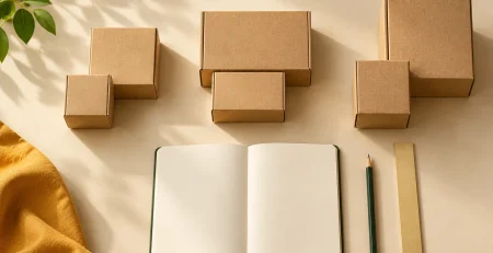 Plain boxes grouped beside a notebook to illustrate planning a first resale assortment