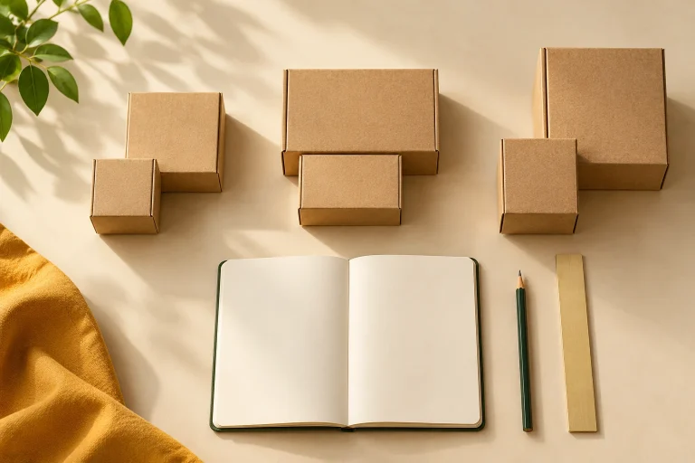 Plain boxes grouped beside a notebook to illustrate planning a first resale assortment