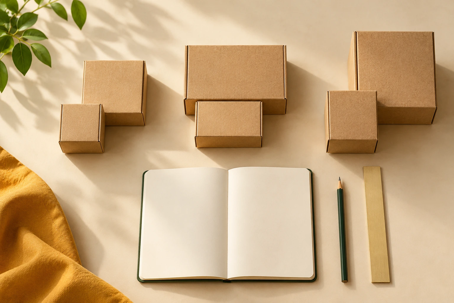 Plain boxes grouped beside a notebook to illustrate planning a first resale assortment