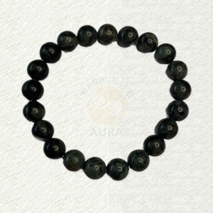Kambaba Jasper bracelet with dark olive-green round beads and black circular patterns