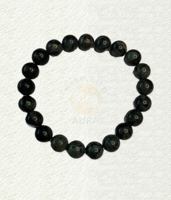 Kambaba Jasper bracelet with dark olive-green round beads and black circular patterns