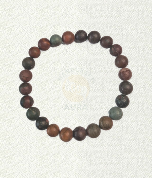 Multi Picasso Jasper bracelet with patterned brown, rust and muted green round beads