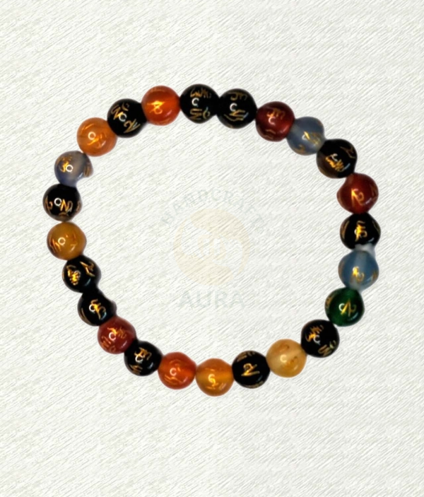 Om Mani Padme Hum bracelet with multicoloured round beads and gold-coloured inscriptions