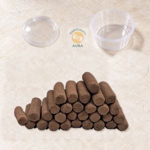 Representative photo of 30 brown dhoop sticks with an empty small container and separate lid.